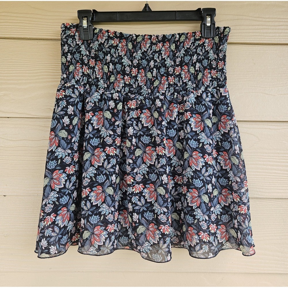 Cabi Navy Blue Floral Smocked Flirt Short Lined Skirt Women's Size M